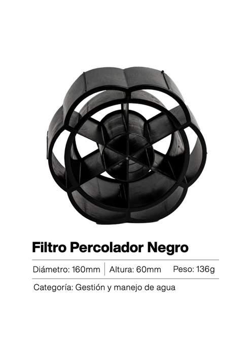 Filtro percolador de plástico negro – accesorio duradero para sistemas de drenaje y filtración de aguas pluviales o residuales