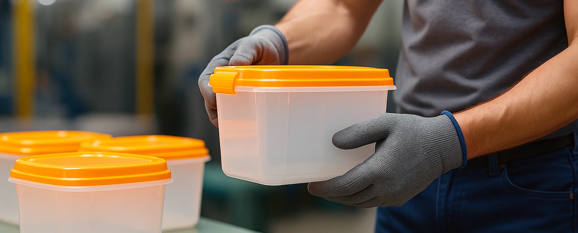 Trabajador manipulando contenedor plástico con tapa naranja — empresa de inyección plástica en Guatemala con más de 30 años de experiencia.