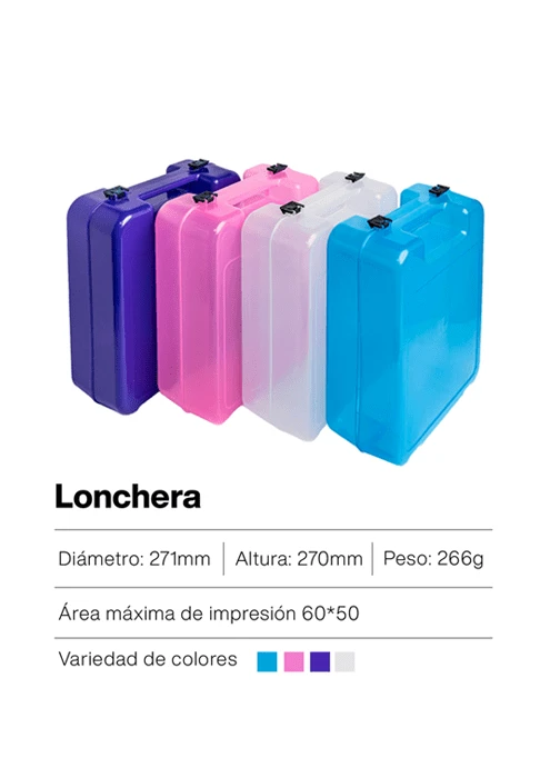 Lonchera plástica de colores fabricada por inyección en Guatemala, ideal para uso escolar y alimenticio