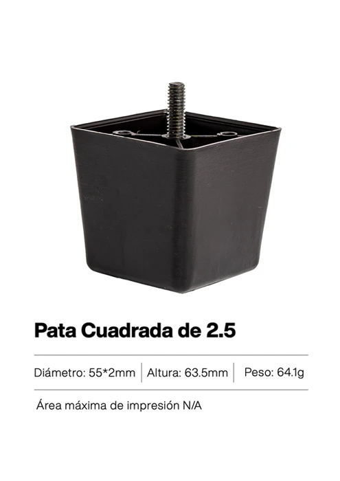 &quot;Pata cuadrada de 2.5 pulgadas – soporte plástico compacto y resistente, ideal para muebles bajos, camas o estructuras con diseño moderno