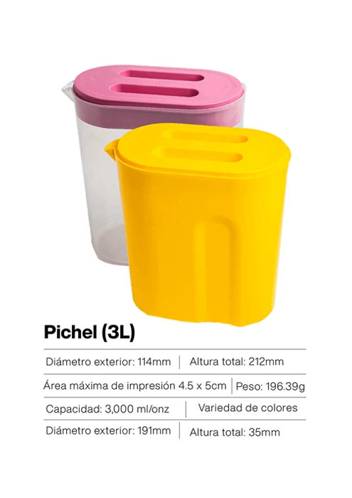 Pichel plástico de tres litros fabricado en Guatemala por inyección plástica, resistente y apto para bebidas frías o calientes
