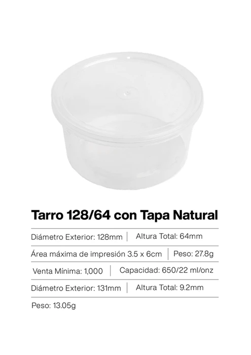 Tarro redondo plástico con tapadera de color natural, fabricado en Guatemala por inyección plástica, ideal para almacenamiento de alimentos o productos diversos