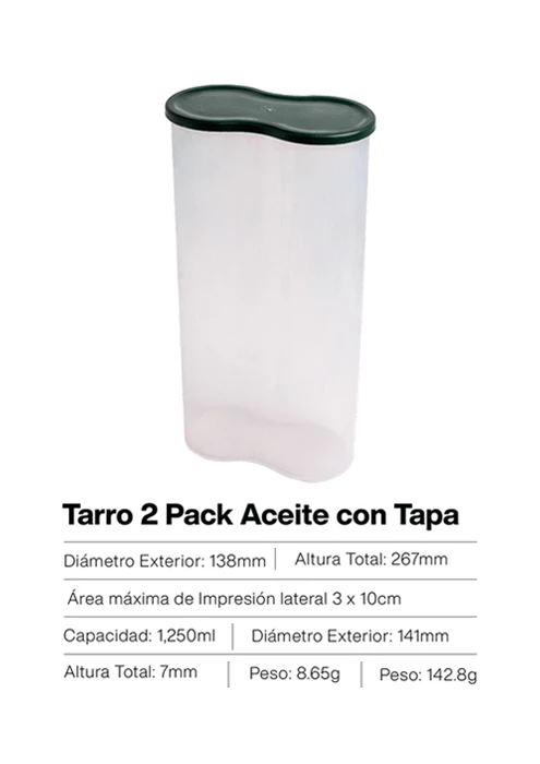 Tarro doble pack transparente para aceite, fabricado en Guatemala por inyección plástica, ideal para envasado y presentación de aceites comestibles