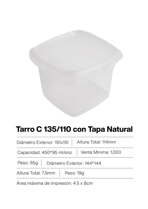 Tarro tipo C plástico con tapadera de color natural, fabricado en Guatemala por inyección plástica, ideal para almacenamiento de alimentos o productos diversos