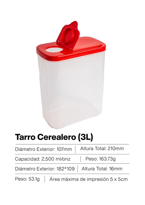 Tarro cerealero plástico con tapa hermética fabricado en Guatemala por inyección plástica, ideal para conservar cereales y alimentos secos