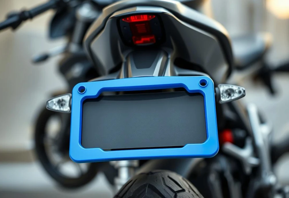 Fotografía de línea plástica de promocionales – porta placas personalizado instalado en moto como muestra de aplicación publicitaria